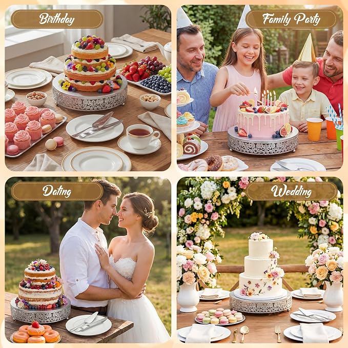 Wenqik 12 Inch Silver Cake Stand Set Metal Round Cupcake Dessert Stand with Cake Cutting, Flower Spatula Wedding Cupcake Pastry Display Candy Holder Display for Wedding Party Birthday Baby Shower