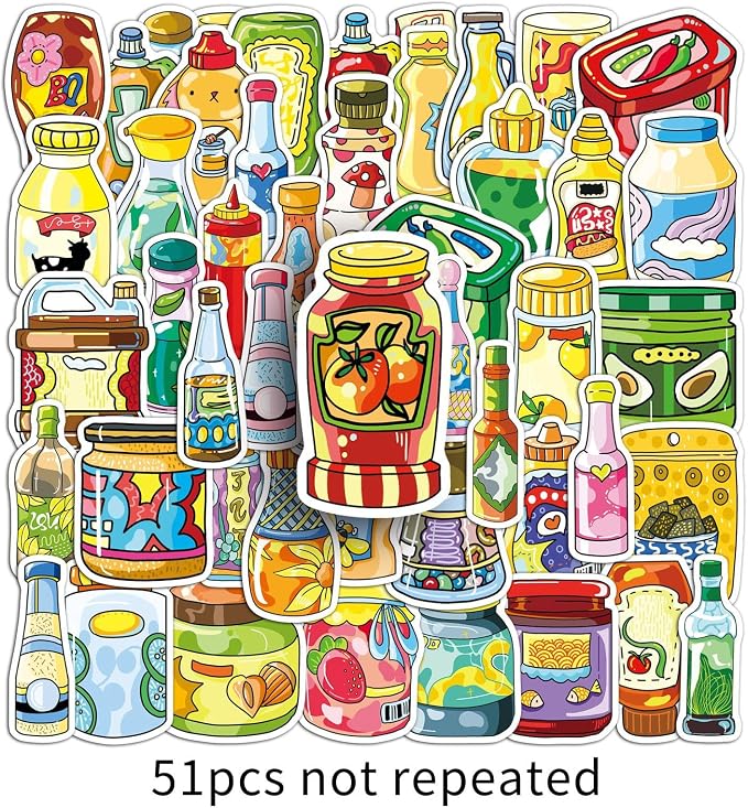 51 Pcs Sauce & Condiment Doodle Stickers - Cute Foodie Kawaii Vinyl Decals for Cooks, Kitchen Ketchup, Mayo Fun Sticker Pack(Sauce)