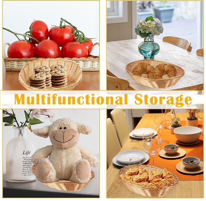 Nexboraque 12 Pack Plastic Oval Basket, Empty Bread Basket 10 x 6.25 x 3 Inch Food Storage Basket Bulk, Plastic Wicker Baskets Bin for Kitchen Serving, Centerpiece Display, Christmas Gifts, Brown