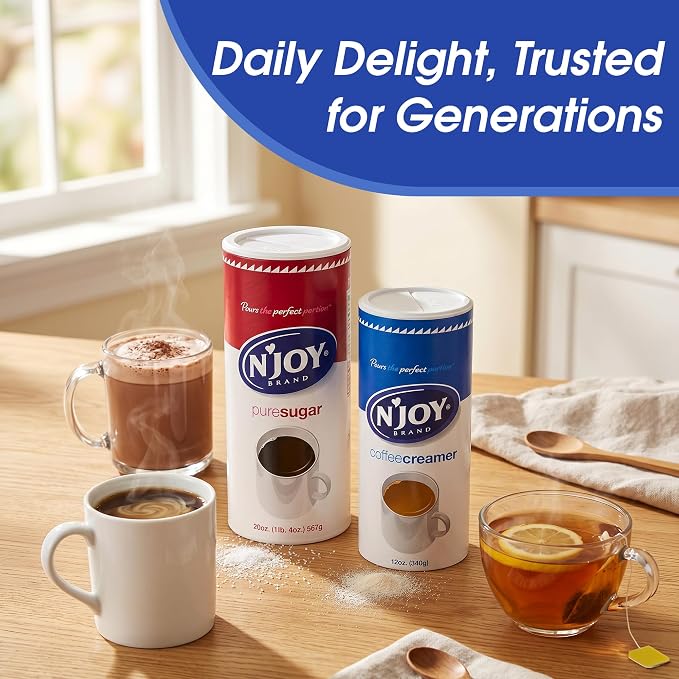 N'Joy Pure Sugar, Pack of 3 Canisters w/EZ-Open Pour Spout (20 oz each) - Smooth Granulated Sugar for Coffee Bars, Cafes, Restaurants and Canister for Office - Shelf Stable & No Refrigeration Needed