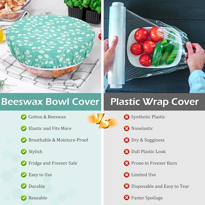 5-Size Reusable Beeswax Bowl Covers for Bread Proofing, Cotton Cloth Flexible Beeswax Wraps for Food Storage(Green Leaves)