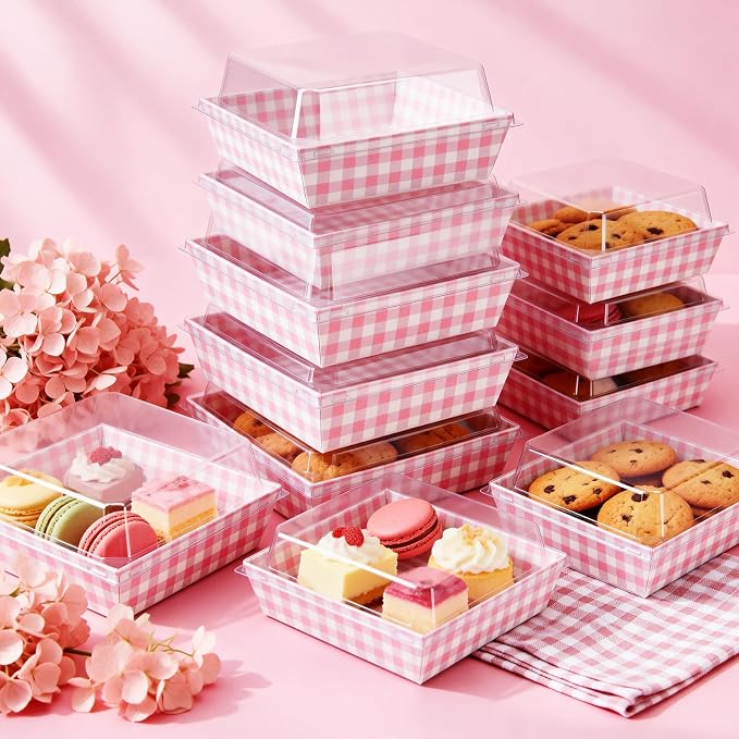 Potchen 100 Pack Pink Plaid Charcuterie Boxes with Clear Lids – Pink & White Bakery Gift Boxes with Window for Cookies, Candy, and Mini Cakes – Ideal for Summer Gift Giving & Bakery Packaging