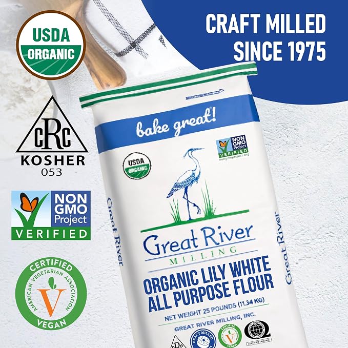 Great River Milling Lily White Organic All-Purpose Flour | Unbleached & Unbromated | Non-GMO, Kosher | Ideal for Bread, Cookies, Cakes, Pizza Dough & Everyday Baking | 25 Lb
