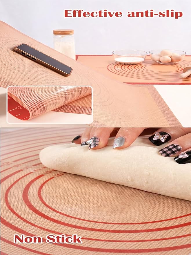 Silicone Pastry Mat with Measurements, 28 x 20 Inch Extra Thick Non-Slip Nonstick XL Baking Mat for Dough Rolling, Kneading, Fondant and Pie, Red