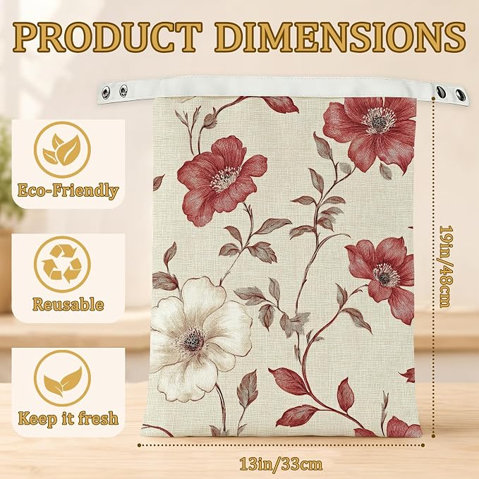 Red Floral Bread Bags for Homemade Bread, Vintage Garden 2 Pack Linen and Beeswax Sourdough Storage Bags, Reusable Keeper, Keeps Breads Fresh Longer, Gifts for Bakers