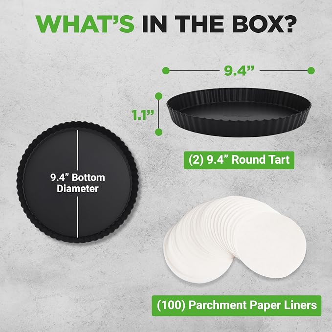 NutriChef 2 Round Tart Pans | 9 Inch Carbon Steel Cheesecake Baking Trays with Removable Base | Nonstick & Even Heat Distribution | Includes 100 Parchment Papers | Height of 1 Inch | Black