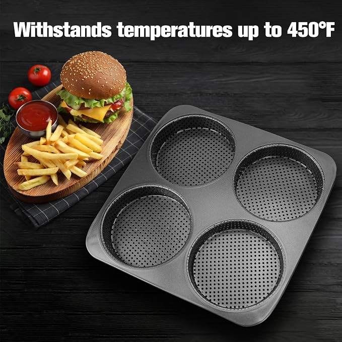 BuleVina 5 Inch Hamburger Bun Pan, Non-Stick Carbon Steel Bread Mold, 4 Cavity Cup Big Baking Pan for Homemade Hamburger Buns, Nonstick & Heat Resistant Burger Bun Mold