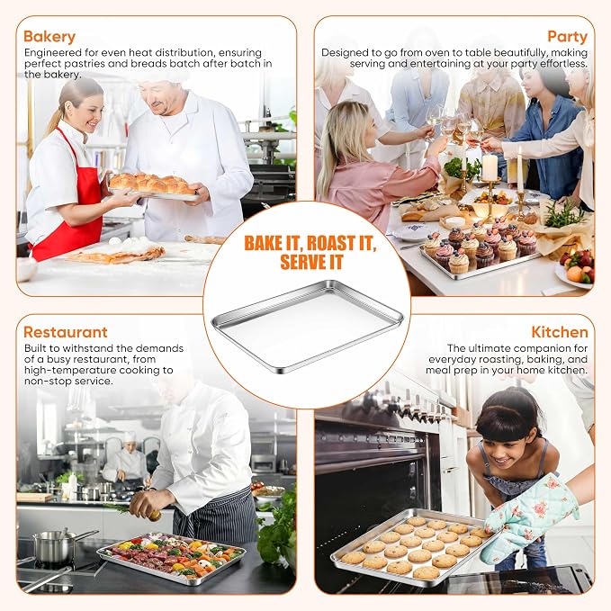 LIANYU Stainless Steel Baking Sheet Pans of 2, 12.4x9.7 Inch Quarter Sheet Pan, Heavy Duty Cookie Sheet for Baking, Bakeware Oven Tray for Food, Non Toxic & Easy Clean, Dishwasher Safe