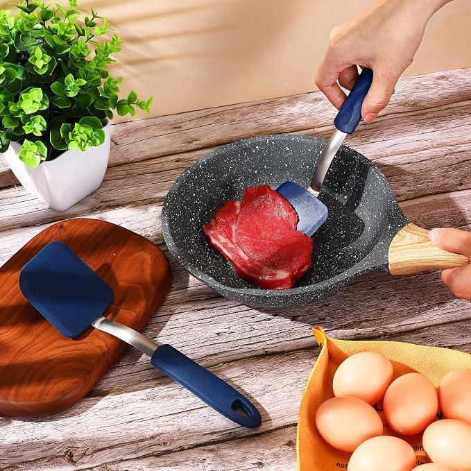 Silicone Cookie Spatula Turner 2 Pack Mini Brownie Spatula Flexible Kitchen Small Silicone Turner for Nonstick Cookware Heat Resistant No Scratch Flipper for Pancake(Solid Flat,Blue)