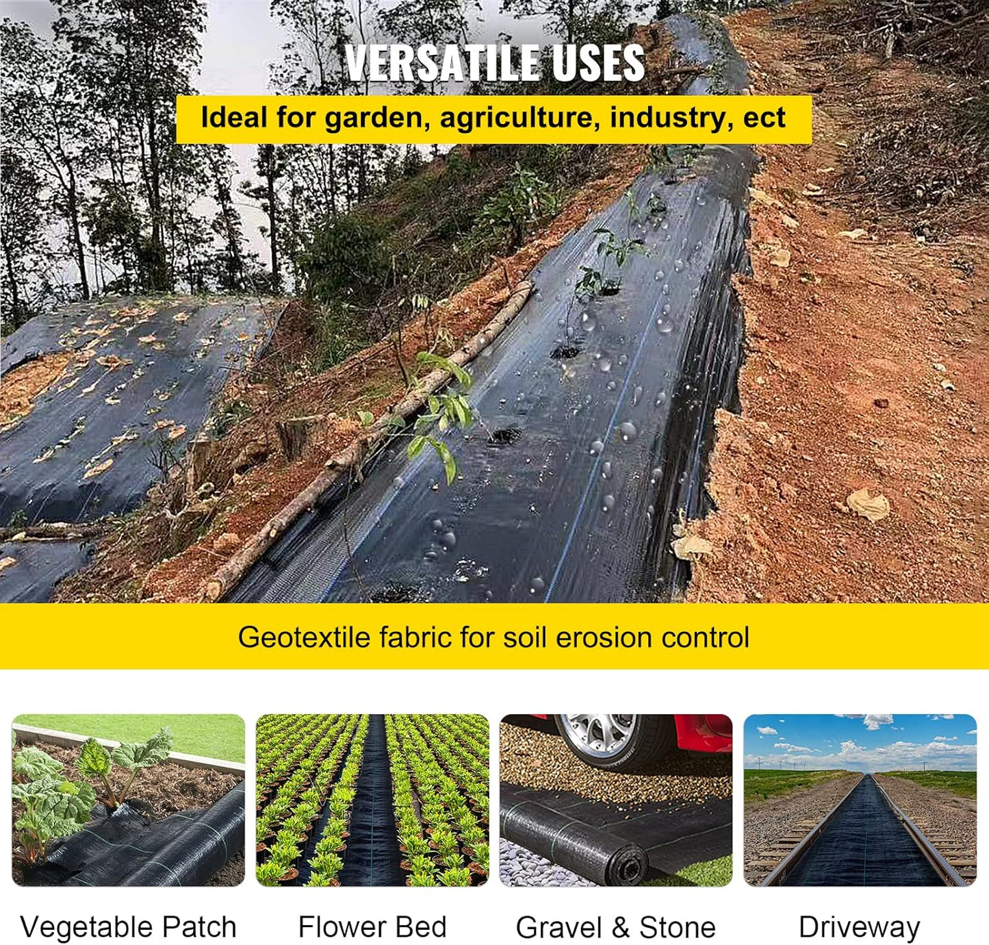 Happybuy Weed Barrier Landscape Fabric, 6 x 250 ft, 4.1 Oz Premium Woven Ground Cover, Heavy Duty PP Material & Easy Setup, Weed Control for Outdoor Garden, Lawn, Driveway, Black