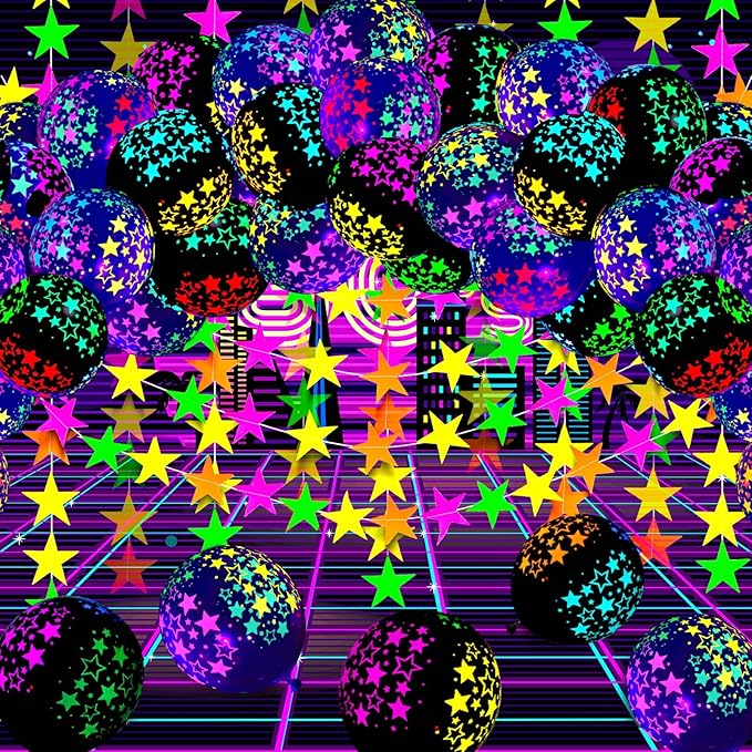 Skylety 32 Pcs Glow in The Dark Party Supplies Neon Party Favors with 25 Fluorescent Balloon 6 Rolls 98.4 ft UV Blacklight Luminous Tape 14.4 ft Neon Streamer Garland for Adults(Bright Star)