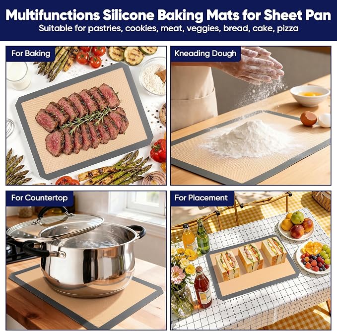 E-far Silicone Baking Mats, 15x11” Nonstick Reusable Silicone Mat for Kitchen Oven Baking Cookie Bread Pastry, 2-Pcs Food Grade Rectangle Silicon Baking Sheet, Heat-Resistant & Dishwasher Safe, Gray