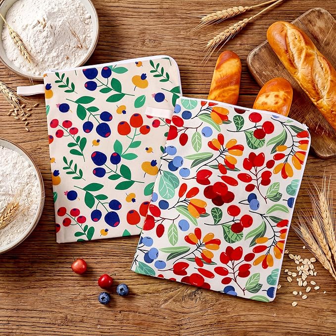 Hahafelt 2 Pack Beeswax Bread Bags with Zipper Seal for Sourdough and Homemade Bread XL Reusable Organic Linen Cotton Beeswax Loaves Food Storage Bag to Keep Fresh(Berry)