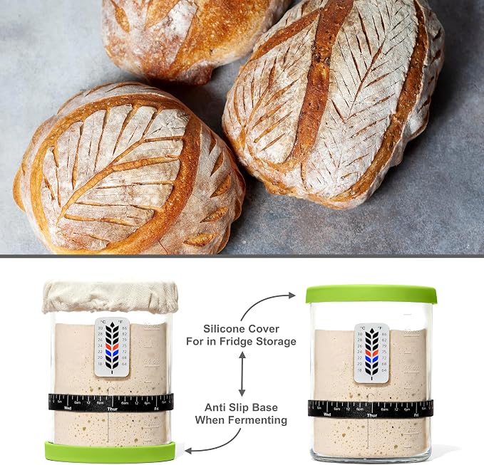Premium Sourdough Starter Jar - 40oz Large Sourdough Jar with Marked Feeding Band, Scraper, Cloth Cover and Silicone Lid/Base, Wide Mouth Starter Kit - Green