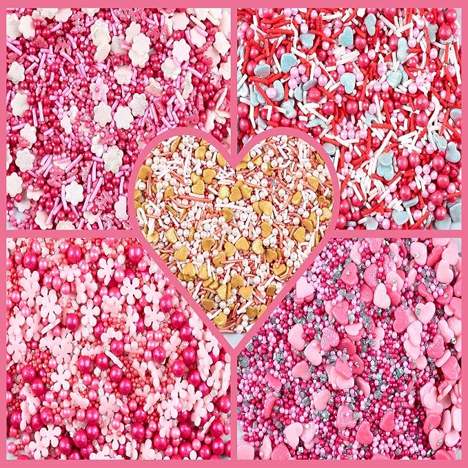 Pretty in Pink, Gold & White Pearl Sprinkles Mix – Edible Heart Sprinkles for Cakes, Cupcakes, Cookies – Spring, Birthday & Baking Decorations – Pack of 5 | Vegan, Gluten-Free, Nut-Free, Soy-Free, Dairy-Free, Palm Oil-Free- 5 Oz