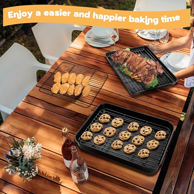 E-far Nonstick Baking Sheet with Rack Set, 12.5 x 9.5 x 1 Inch Cookie Sheet Baking Pans with Cooling Racks, Warp Resistant & Heavy-Duty, Non-Toxic & Easy Clean (2 Pans + 2 Racks)