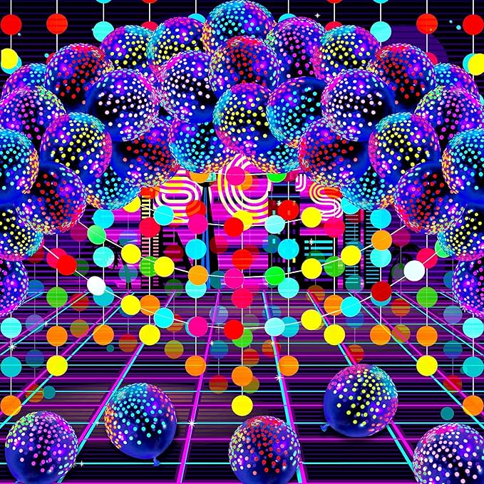 32 Pcs Glow in The Dark Party Supplies Christmas Neon Party Favors with 25 Fluorescent Balloon 6 Rolls 98.4 ft UV Blacklight Luminous Tape 14.4 ft Neon Streamer Garland for Adults(Clear Dot)
