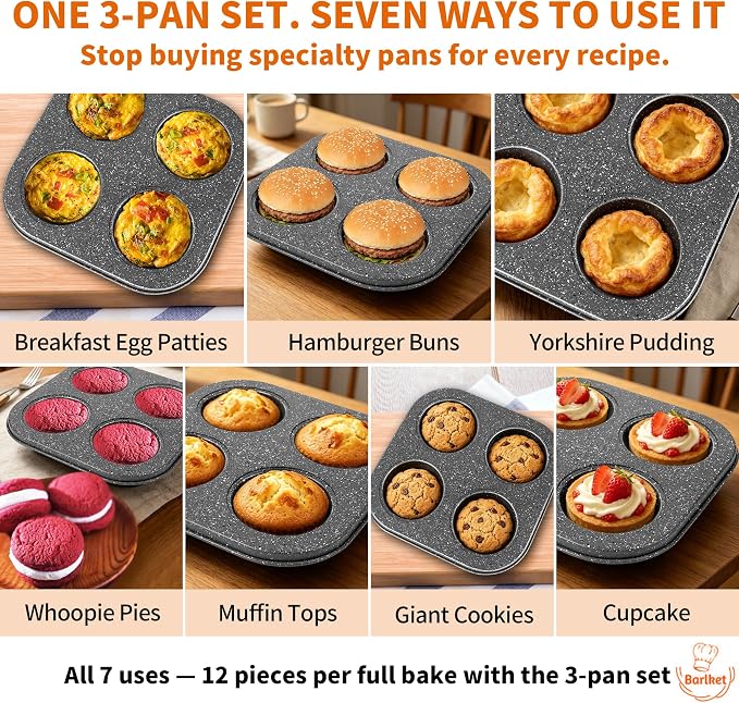3-Pack 4-Cup Muffin Pan, Nonstick Granite Coating Carbon Steel Cupcake Pan Set, Standard Muffin Tin for Air Fryer Small Oven Baking, Easy Release, Nests Flat for Storage