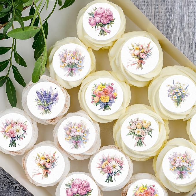 36PCS Edible Flower Bouquet Cupcake Toppers Wafer Paper Roses Daisy Lavender Flower Bouquet Decorations Flower Theme Party Birthday Baby Shower Party Supplie