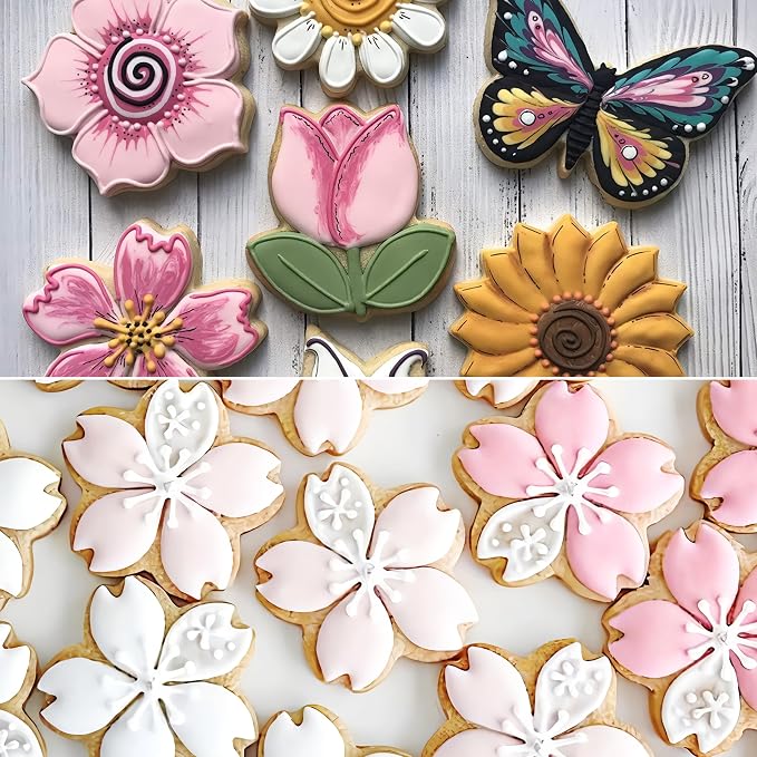 8 PCS Flower Cookie Cutters Set, Stainless Steel Flowers Cookie Cutters, Daisy, Tulip, 3 Shaped of Flowers, Butterfly,Cherry Blossom (Bee & Bird) (silver)