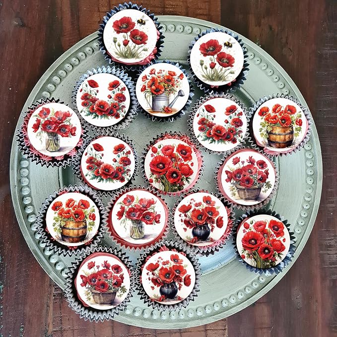 36PCS Edible Red Poppy Flowers Cupcake Toppers Wafer Paper Red Flowers Cake Picks Edible Poppy Wildflowers Cupcake Toppers for Wedding Birthday Theme Floral Cake Decor Supplies