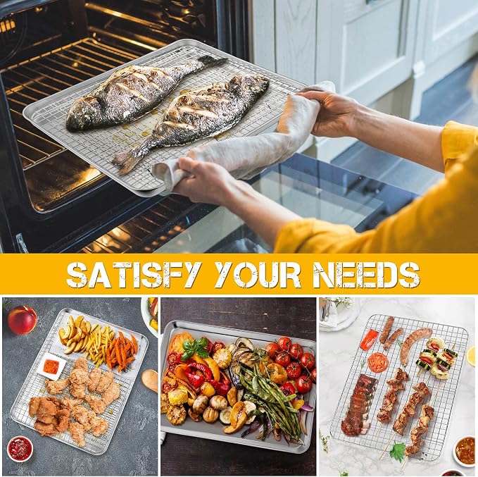 P&P CHEF 12.5 Inch Toaster Oven Pan with Rack Set, Stainless Steel Baking Pan Tray and Grid Cooling Rack for Cooking/Roasting, Dishwasher Safe & Easy to Clean, Non-toxic & Sturdy, (2Pcs)