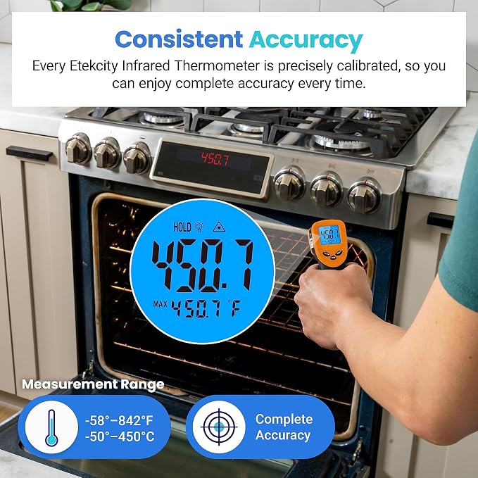 Etekcity Infrared Thermometer Laser Temperature Gun 774, Meat Food Candy Oven Thermometer for Griddle Accessories, Heat Gun for Cooking Refrigerator Tools, Adjustable Emissivity & Max Measure, Orange