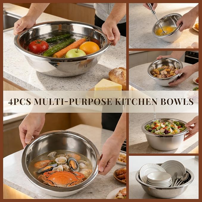 Mixing Bowls Set of 4, Stainless Steel, 7.9-14.2 Inch | Includes 7.9, 8.6, 10.2 and 14.2 inch bowls for baking, mixing dough, preparing salad and everyday kitchen use