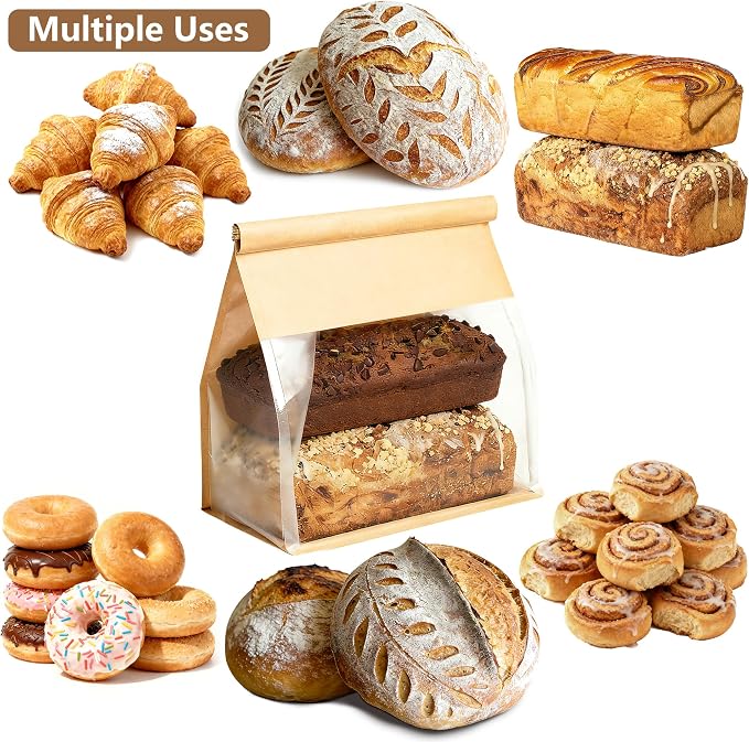 50 Pack Extra Large Paper Bread Bags for Homemade Bread Sourdough Bags, 12.2x10.6x6.1 Inches Resealable Tin Tie Tab Lock Bakery Loaf Bag with Window, Baked Goods Packaging for Gifting and Bake Sale