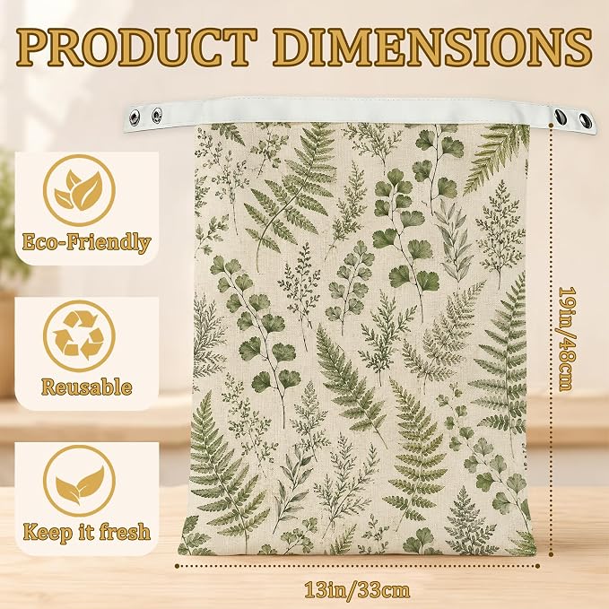 2 Pack Beeswax Linen Vintage Fern Bread Bags, Botanical Leaves Reusable Fresh Keeping Bags for Sourdough & Baguette, Freezable Portable Bread Storage Container 17×13''
