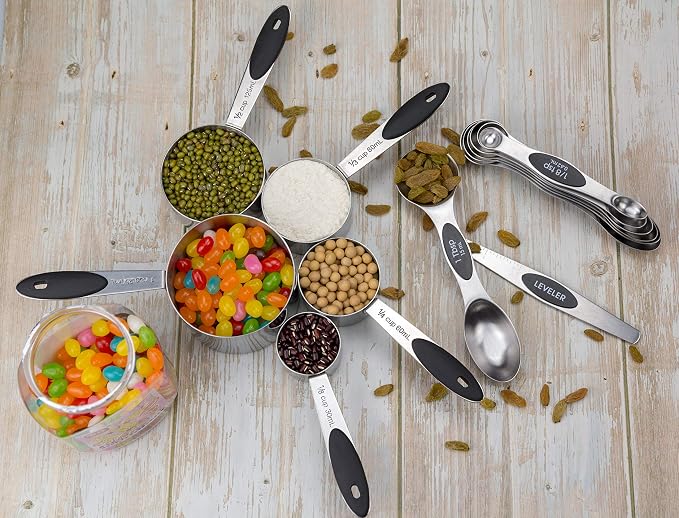 Warmheart Measuring Cups and Magnetic Measuring Spoons Set, Stainless Steel 5 Cups and 7 Spoons and 1 Levele (Black)