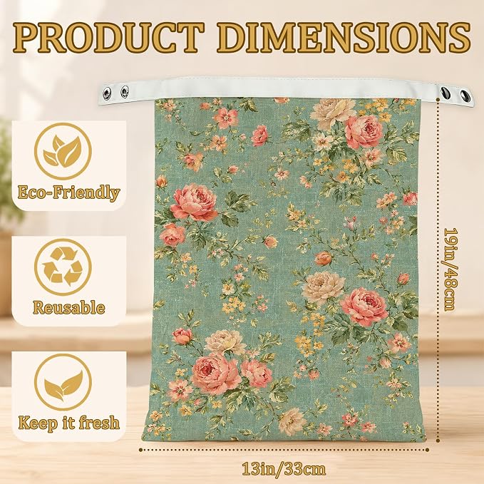 Pink Rose Bread Bags for Homemade Bread, Botanical Vine 2 Pack Linen and Beeswax Sourdough Storage Bags, Reusable Keeper, Keeps Breads Fresh Longer, Gifts for Bakers