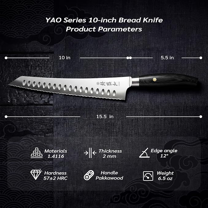 Bread Knife for Homemade Bread, Serrated Blade 10 in with Cover and Offset Handle, Outward-Curved Edge for Clean Even Slices, Slicer Cuts Sourdough, Bagels, Ham, Pineapple, Ideal Gift