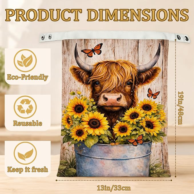 2 Pack Beeswax Highland Cow Bread Bags for Sourdough, Reusable Linen Sunflowers Butterfly Bread Bag 17x13'' Food Storage Cloth Bag Freezer-Friendly & Freshness Preservation