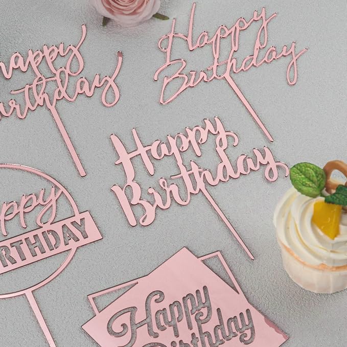 6-Pack Acrylic Birthday Cake Toppers, Mirror Pink Happy Birthday Sign for Cake Decorations