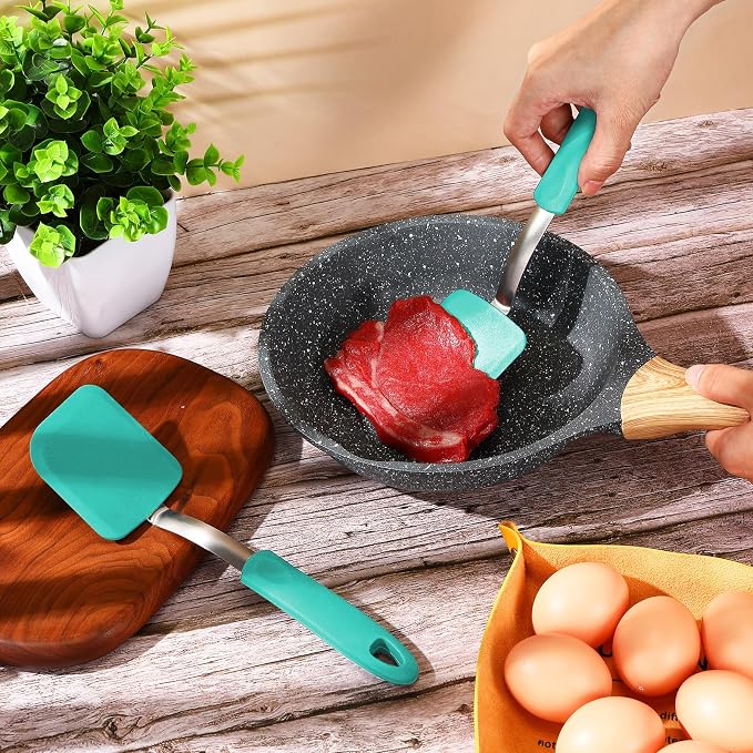 Silicone Cookie Spatula Turner 2 Pack Mini Brownie Spatula Flexible Kitchen Small Silicone Turner for Nonstick Cookware Heat Resistant No Scratch Flipper for Pancake(Solid Flat,Green)