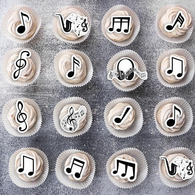 64PCS Edible Musical Notes Cupcake Toppers Wafer Paper Black Music Symbol Cake Picks Music Concert Cake Topper Edible Musical Cupcake Picks for Concert Theme Party Decor