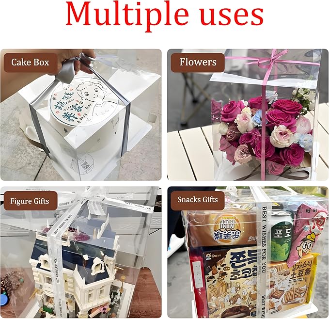 8 Pcs 10x10x12Inch Clear Cake Box with Ribbon, High Cake Box for Bakery Dessert Bread Pastry Transparent Gift Boxes for Birthdays, Weddings and Holiday Parties
