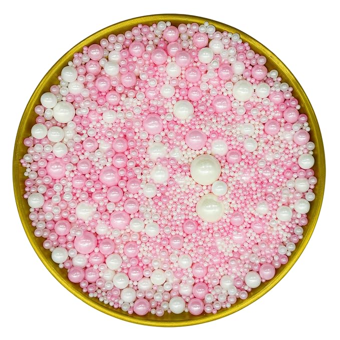 Edible Pink & White Sugar Pearls Sprinkles Candy Mix Size Pearls Cake Decorations Cupcake Toppers Decorating Perfect for Wedding Party Valentine Supplies 4.58OZ