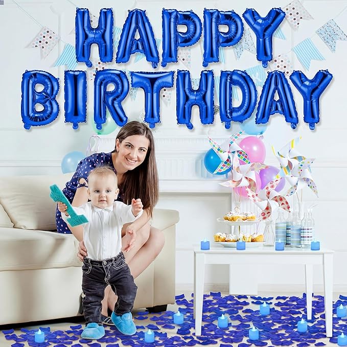 Blue Happy Birthday Balloons Decorations Happy Birthday Letter Balloons Banner Set with 24pcs Heart Flameless LED Candles and 2000pcs Artificial Rose Petals for Women Men Room Party Decor