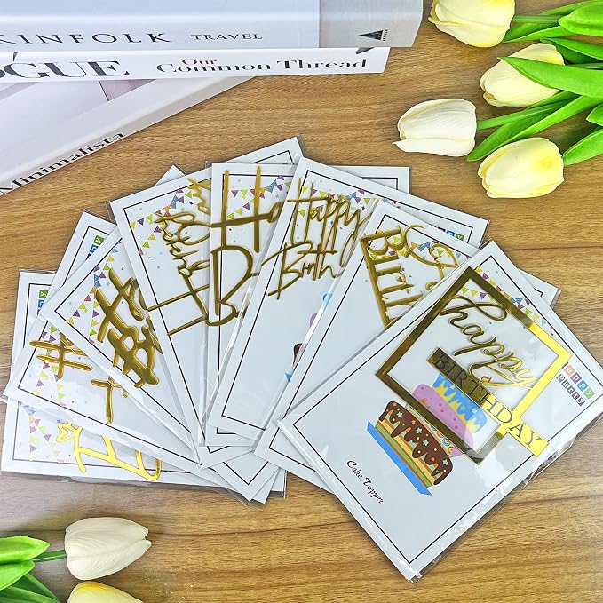 24 PCS Gold Happy Birthday Cake Toppers Mirror Acrylic Side Cake Decorations 8 Styles