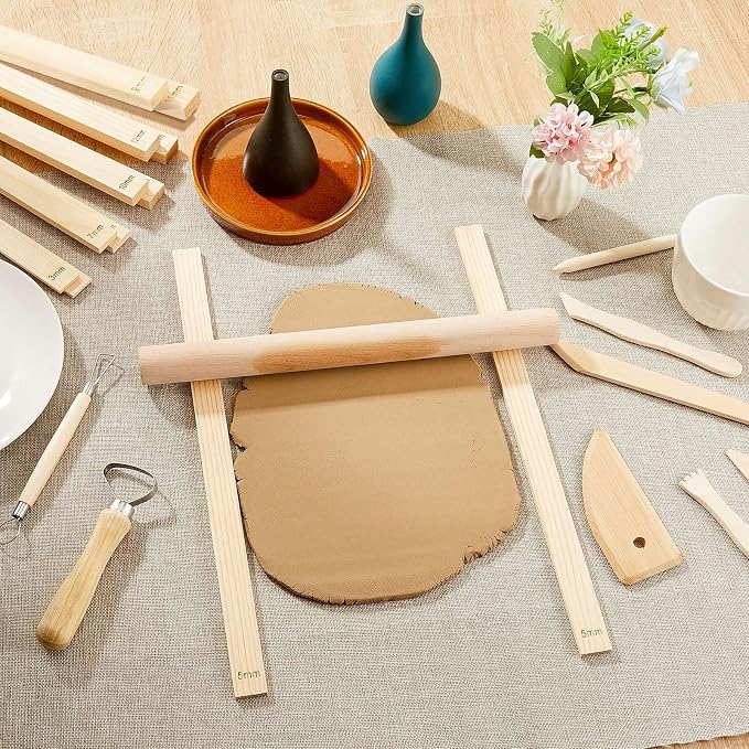 Sasylvia 20 Pcs Clay Pottery Rolling Pin Guides Wood Teaching Rolling Mud Stick Guide Set Polymer Clay Depth Thickness Guide Pottery Mudboard Tools (10 Size,Wood Color)