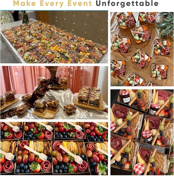 Leafiew 50 Pack Small Charcuterie Boxes with Clear Lids - To Go Paper Mini Charcuterie Box, Disposable Food Containers, 5Inch Dessert Boxes - Sandwich, Cookie, Sushi, Cake Slice, Strawberries (Brown)