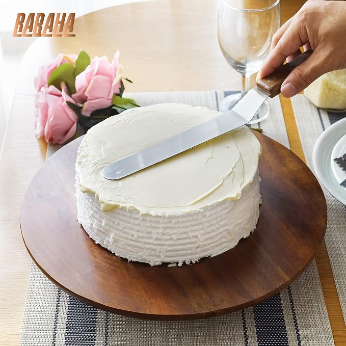 13" Acacia Cake Stand Rotating – Rustic Cake Stand Set Turntable with 2 Icing Spatulas, 3 Smoothers – Wooden Revolving Spinner Cake Decorating Supplies - Use at Parties, Wedding (Acacia Wood)