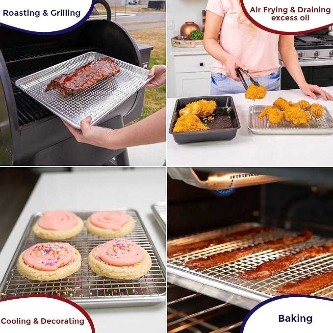 KITCHENATICS Half Sheet Baking Pan and Rack Set Warp-Free 13.1x17.9 In | Aluminum baking tray and stainless steel wire rack combo used together for large family meals