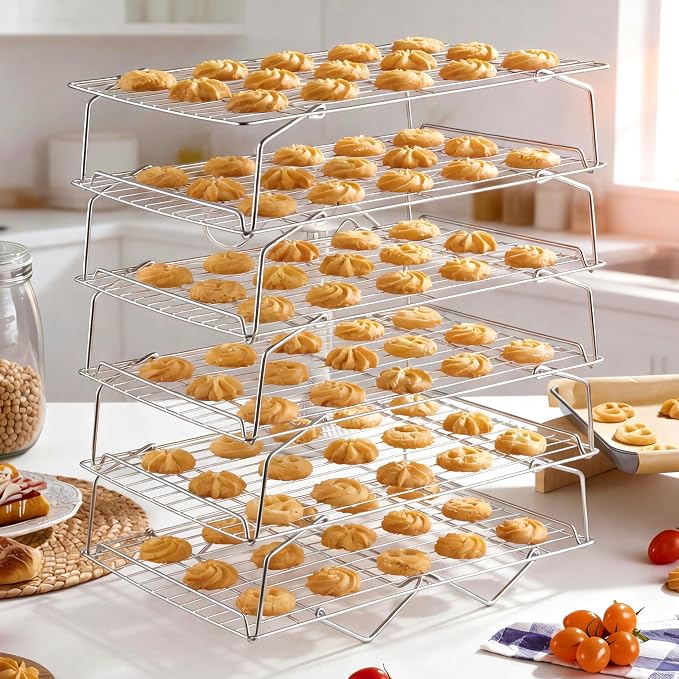 LIANYU Cooling Rack 15"x10", 6-Tier Stackable & Collapsible Stainless Steel Baking Wire Racks for Cooking, Baking, Roasting, Drying, Oven & Dishwasher Safe, Silver