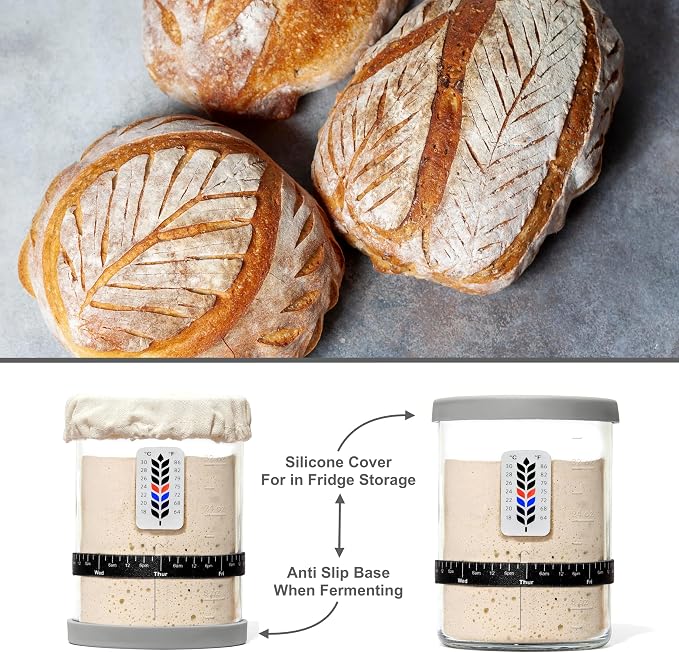 Premium Sourdough Starter Jar - 40oz Large Sourdough Jar with Marked Feeding Band, Scraper, Cloth Cover and Silicone Lid/Base, Wide Mouth Starter Kit - Grey