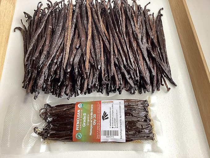30 Madagascar Organic Vanilla Beans Grade B. Certified USDA Organic. Bulk Bourbon 5"-7" by FITNCLEAN VANILLA| Whole NON-GMO PODS