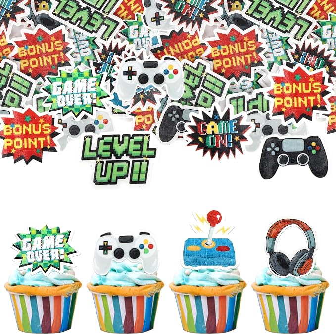 56 PCS Edible Video Game Cupcake Toppers Wafer Paper Game On Controllers Cupcake Picks Edible GamePad Cake Decorations for Game Theme Baby Shower Kids Boys Gamer Birthday Anniversary Party Supplies