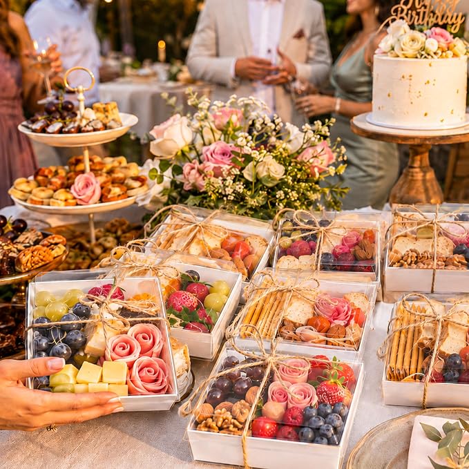 50 Pack White Kraft Grazing Boxes 5.3x4.9x2.5in for Snack Tables | Use for cookies, fruit, cake slices, mini sandwiches or tasting portions after cooling.